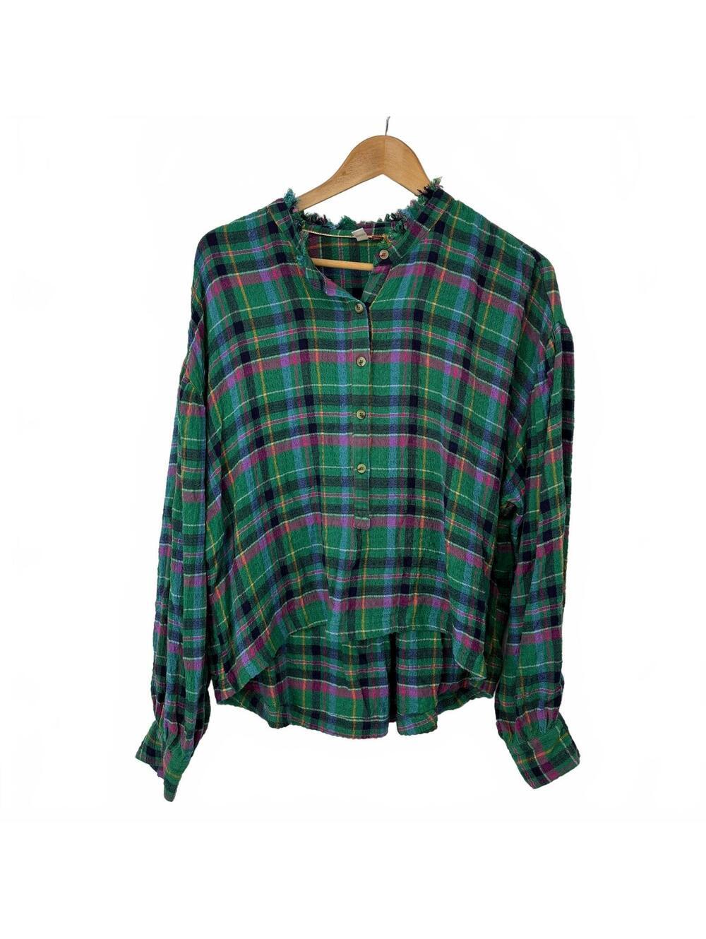 Anthropologie Pilcro Green Plaid Flannel LS Oversized High Low Shirt Women's L